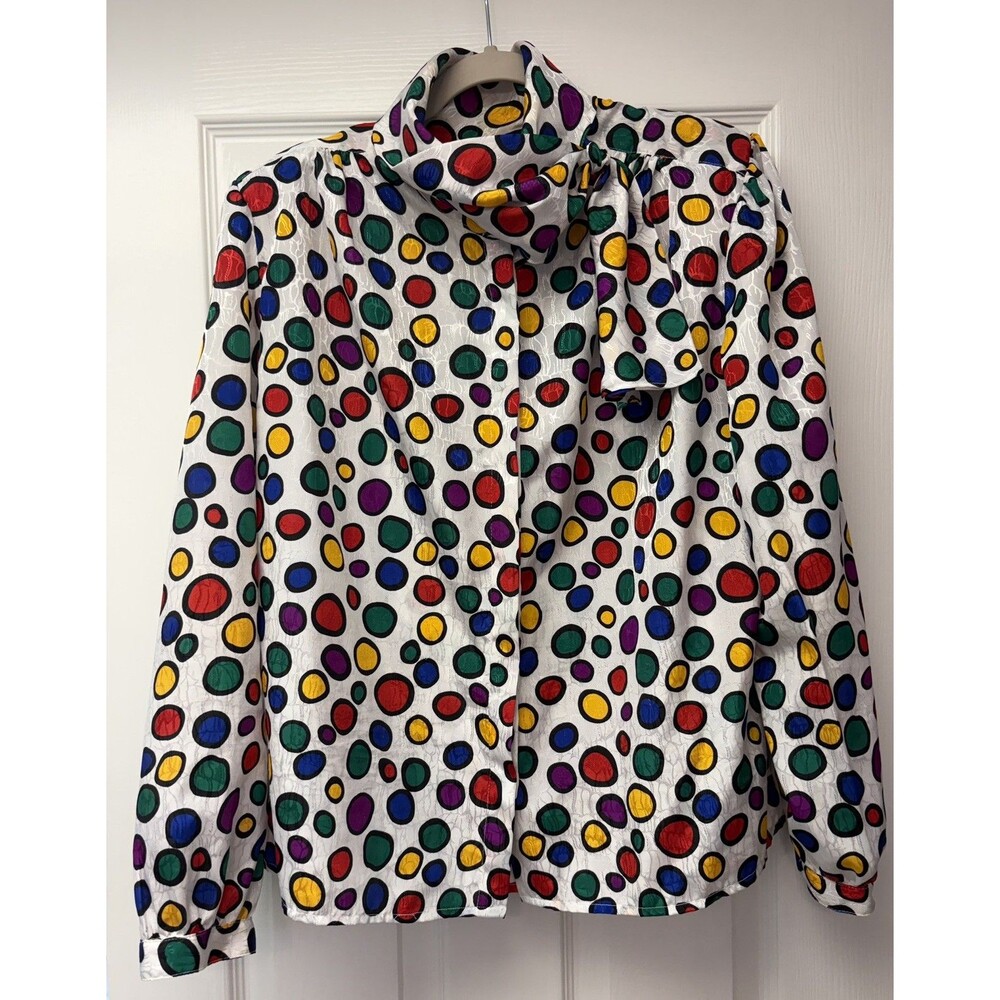 Vintage 90s Notations Bright Multi Color Polka  Dot Button Up Blouse Large 16P